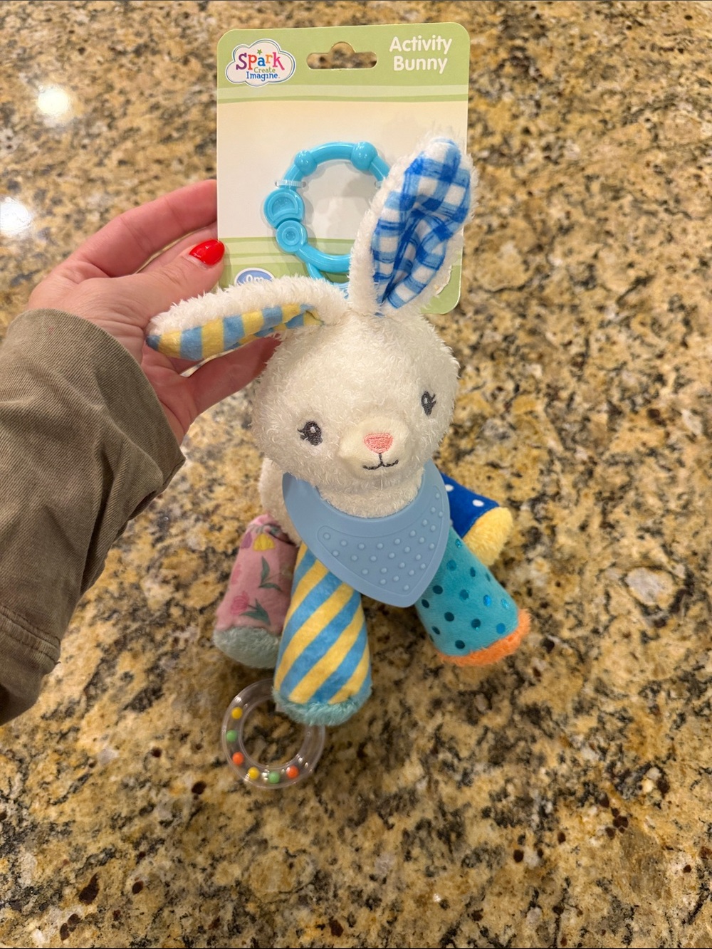 White Plush Activity Bunny with Blue Teether